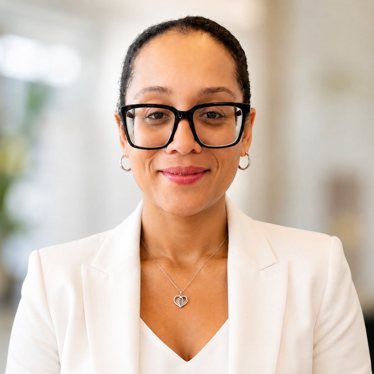 Portrait of Tianna Poeck in a white blazer, smiling, wearing dark-framed glasses